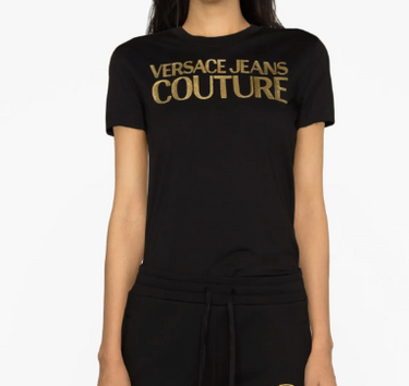 Playera para mujer Versace Jeans Couture negra logo oro