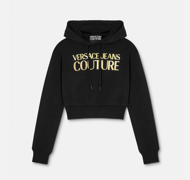 Sudadera o Hoodie para mujer Versace Jeans Couture negra logo oro, corta