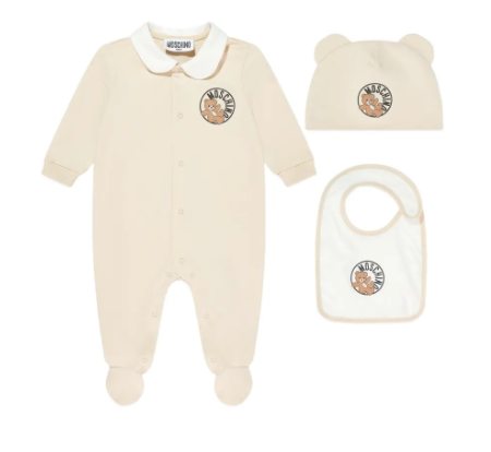 MOSCHINO Mameluco con gorrito y babero beige
