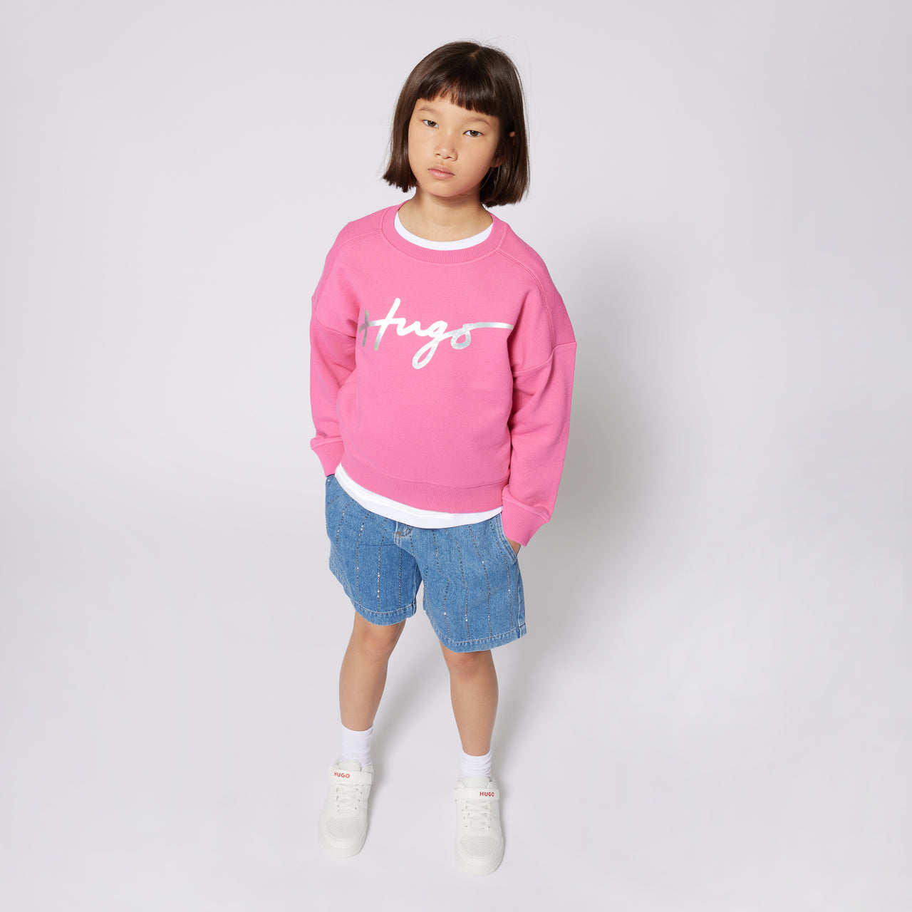 HUGO Sudadera para niña y adolescente rosa print logo enn blanco
