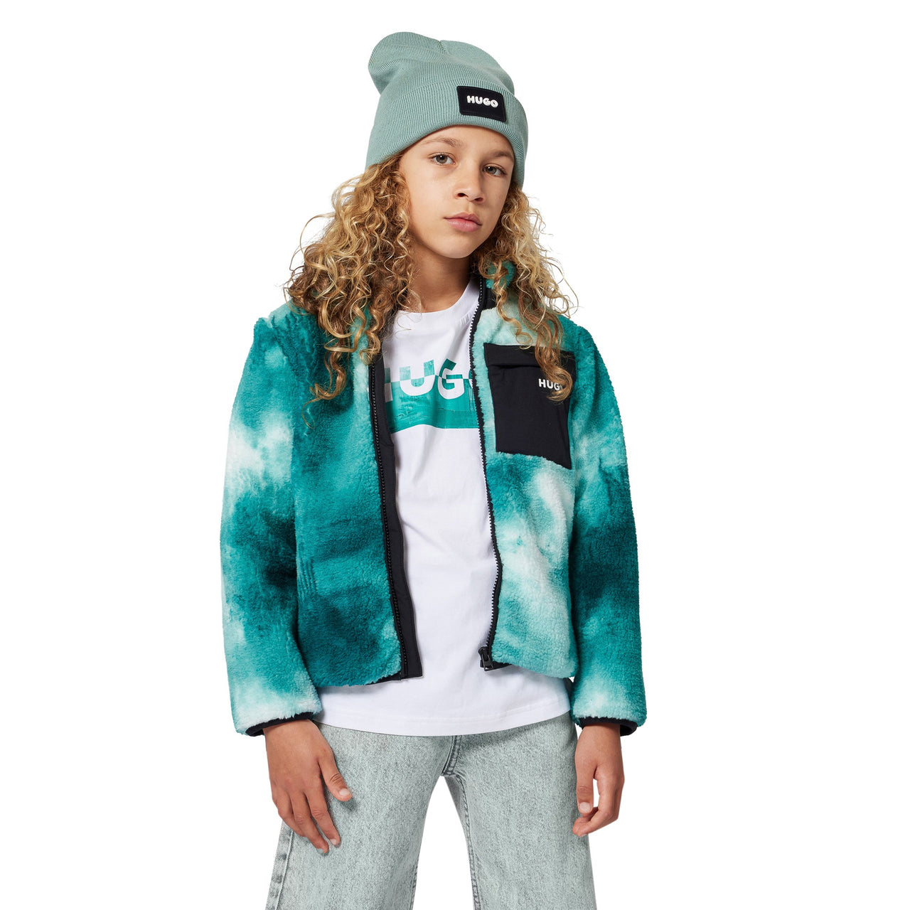 HUGO Playera para niño y teen blanca logo al frente en tonos verdes