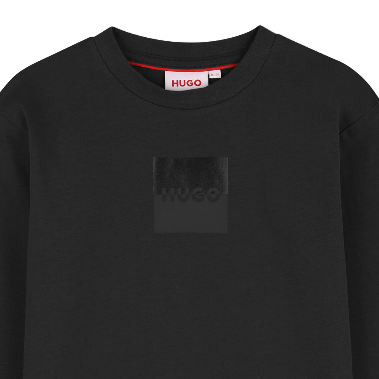 HUGO Playera para niño y teen negra logo al tono al frente manga larga
