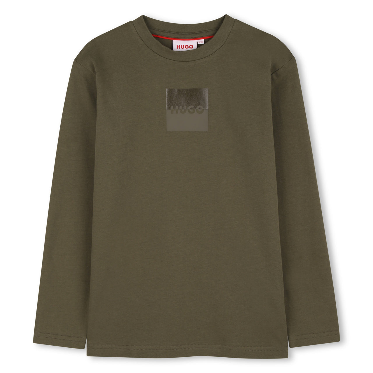 HUGO Playera para niño y teen verde olivo logo al tono al frente manga larga