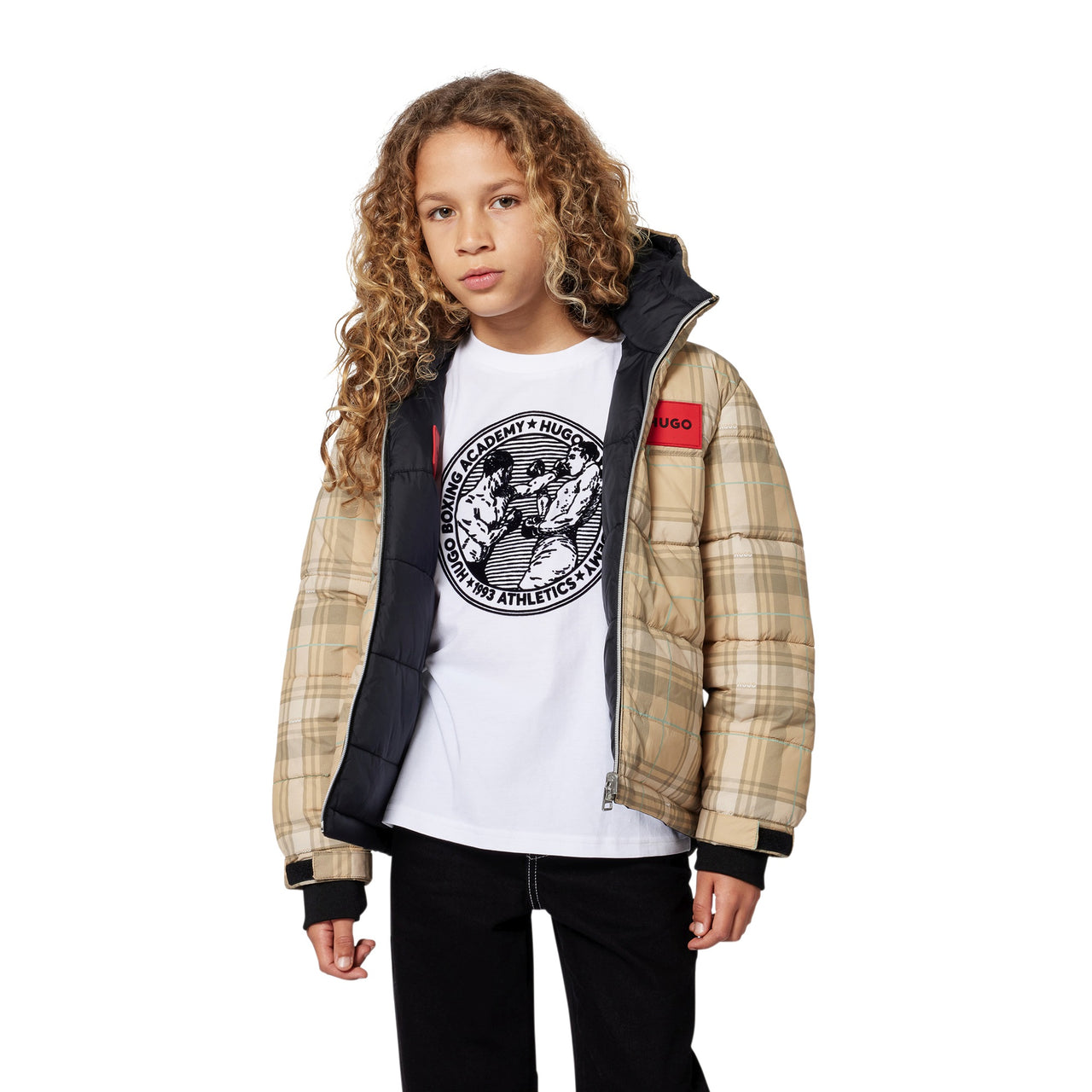 HUGO Chamarra  para niño y teens reversible a cuadros por un lado y por el otro negra