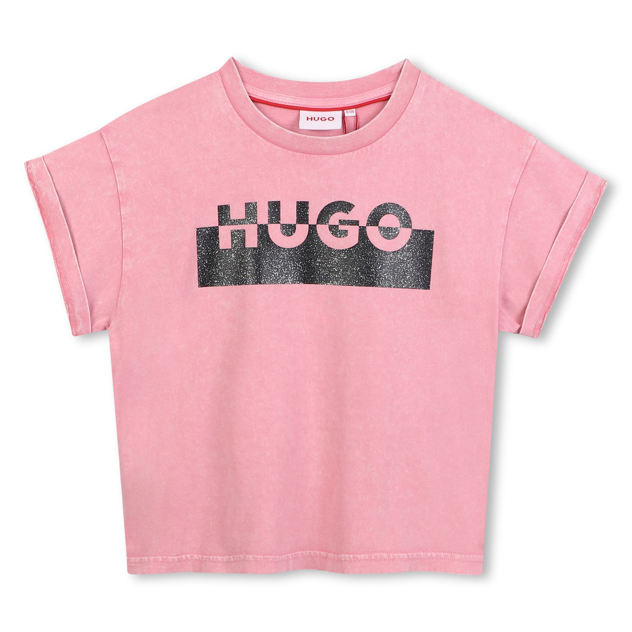 HUGO Playera rosa para niña y teens logo con glitter al frente