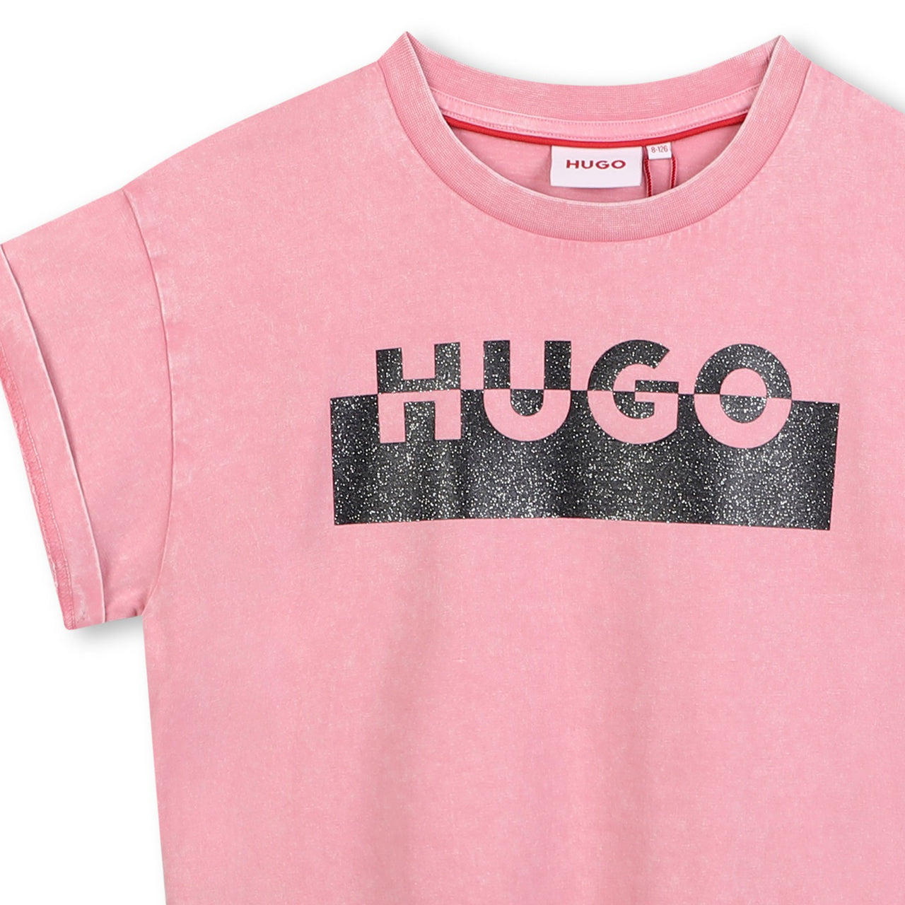 HUGO Playera rosa para niña y teens logo con glitter al frente