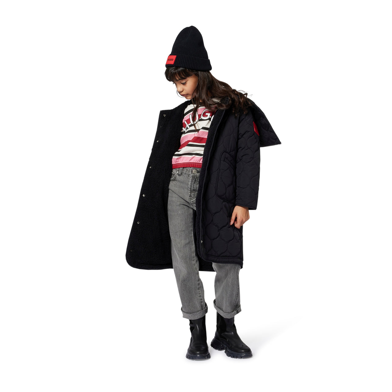 HUGO Gorro de frio para niño y teen  unisex color negro  logo en rojo