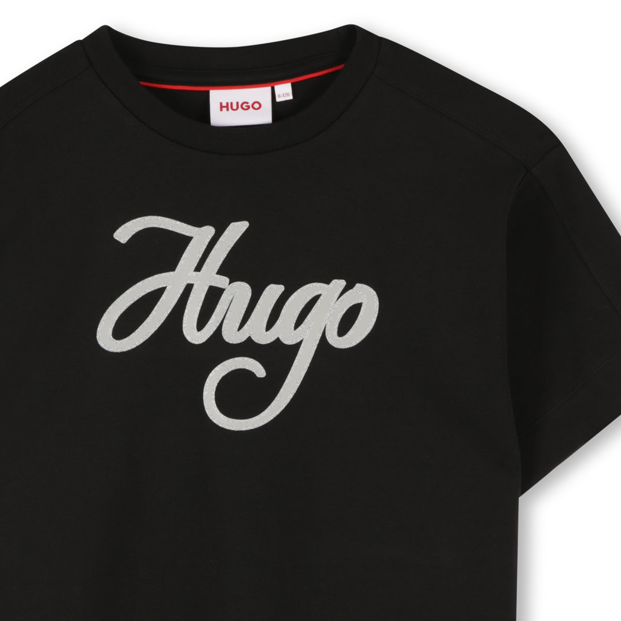 HUGO Playera corta para niña y adolescente negra logo en aplicacion