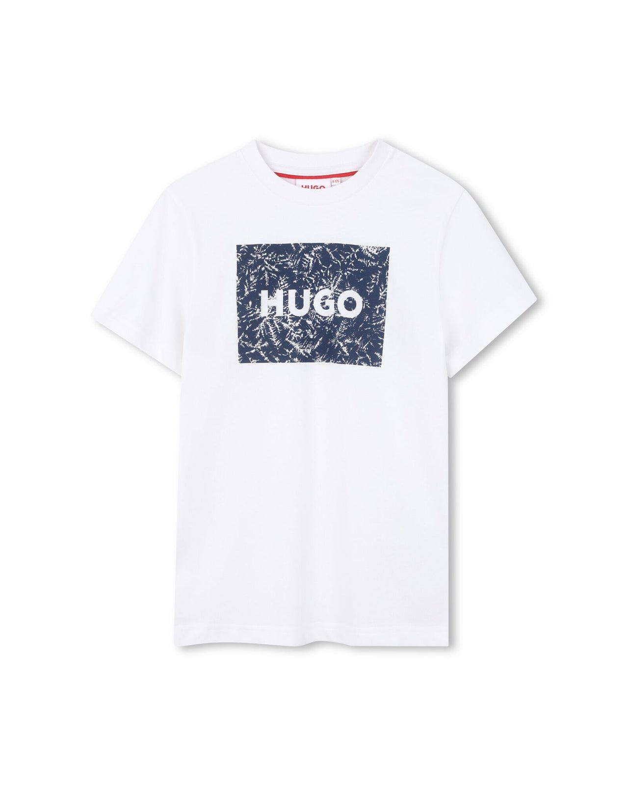 HUGO Playera para niño y teen blanca, el logo cuadrado en tonos azules al frente