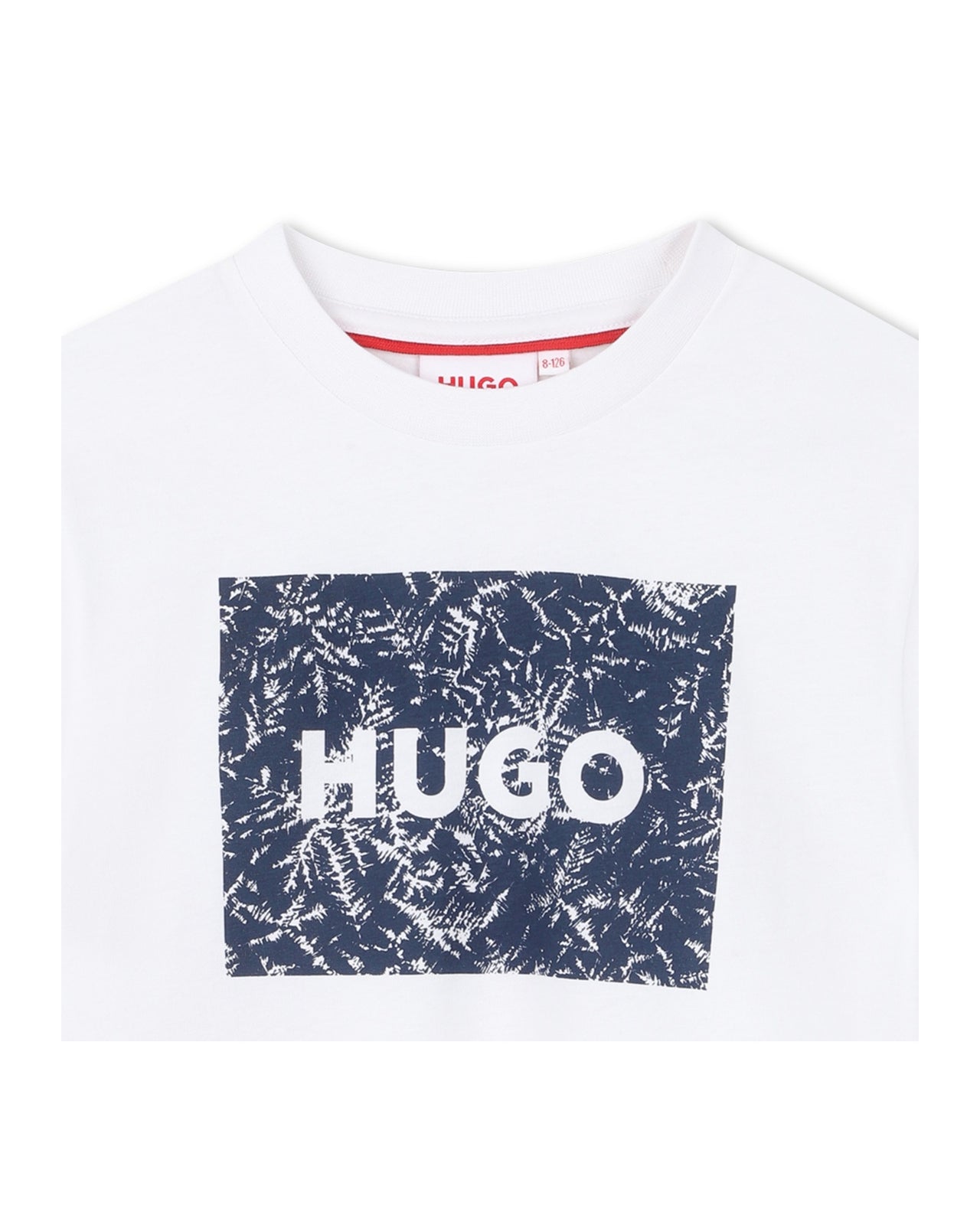 HUGO Playera para niño y teen blanca, el logo cuadrado en tonos azules al frente
