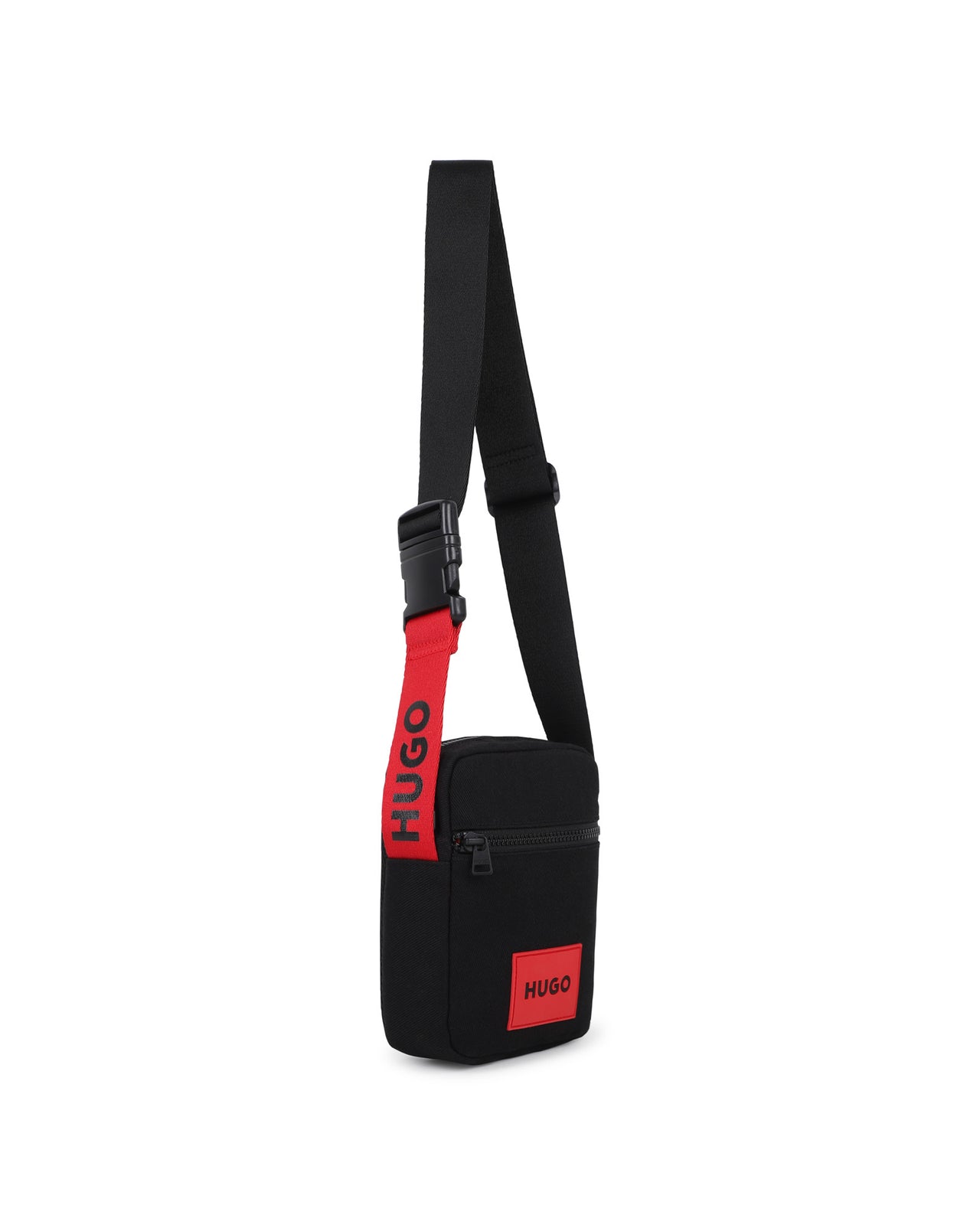 HUGO cross body o pasaportera para niño y teen negra logo rojo