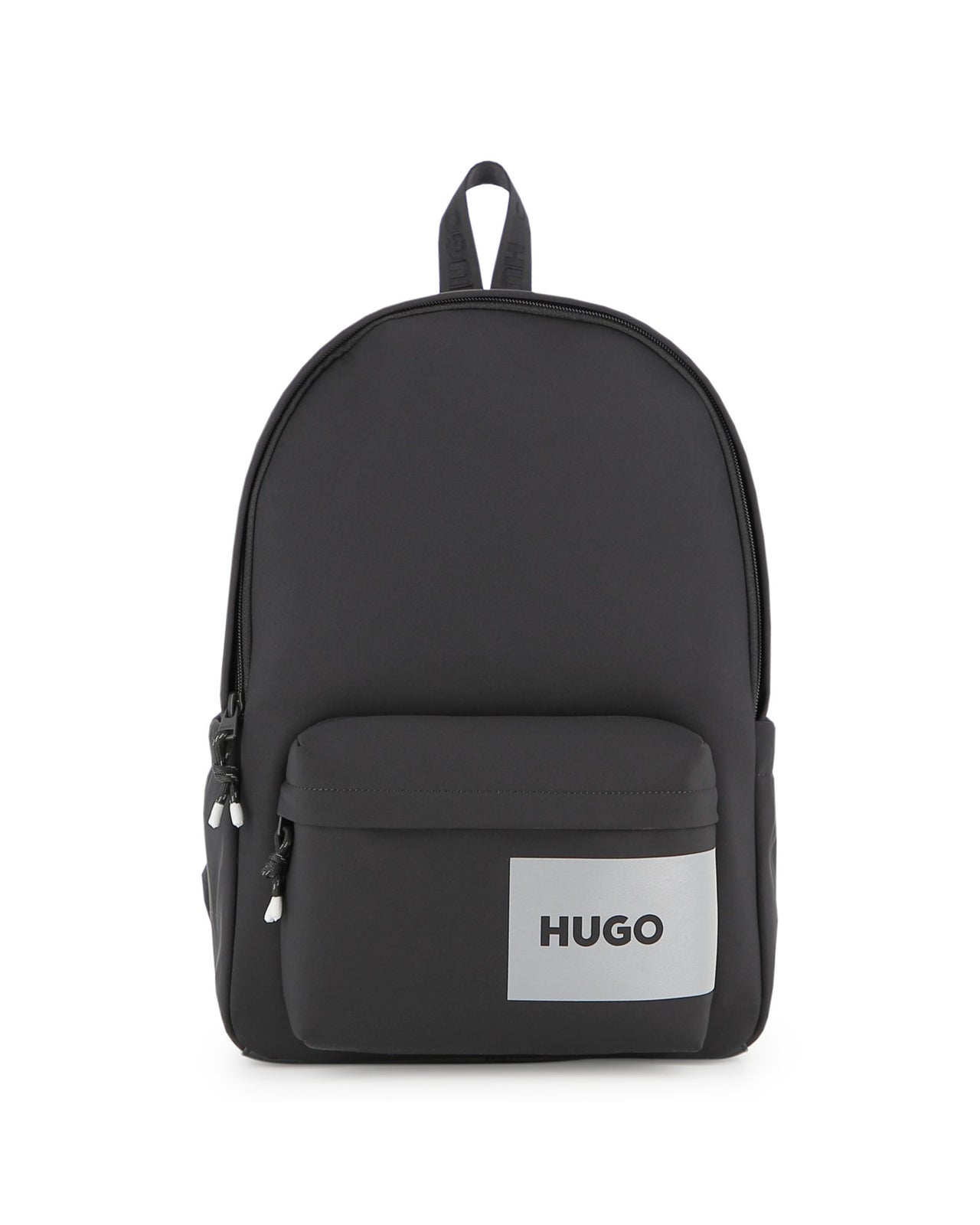 HUGO backpack en color negro, bolsas laterales y una frontal, luego al frente reflejante