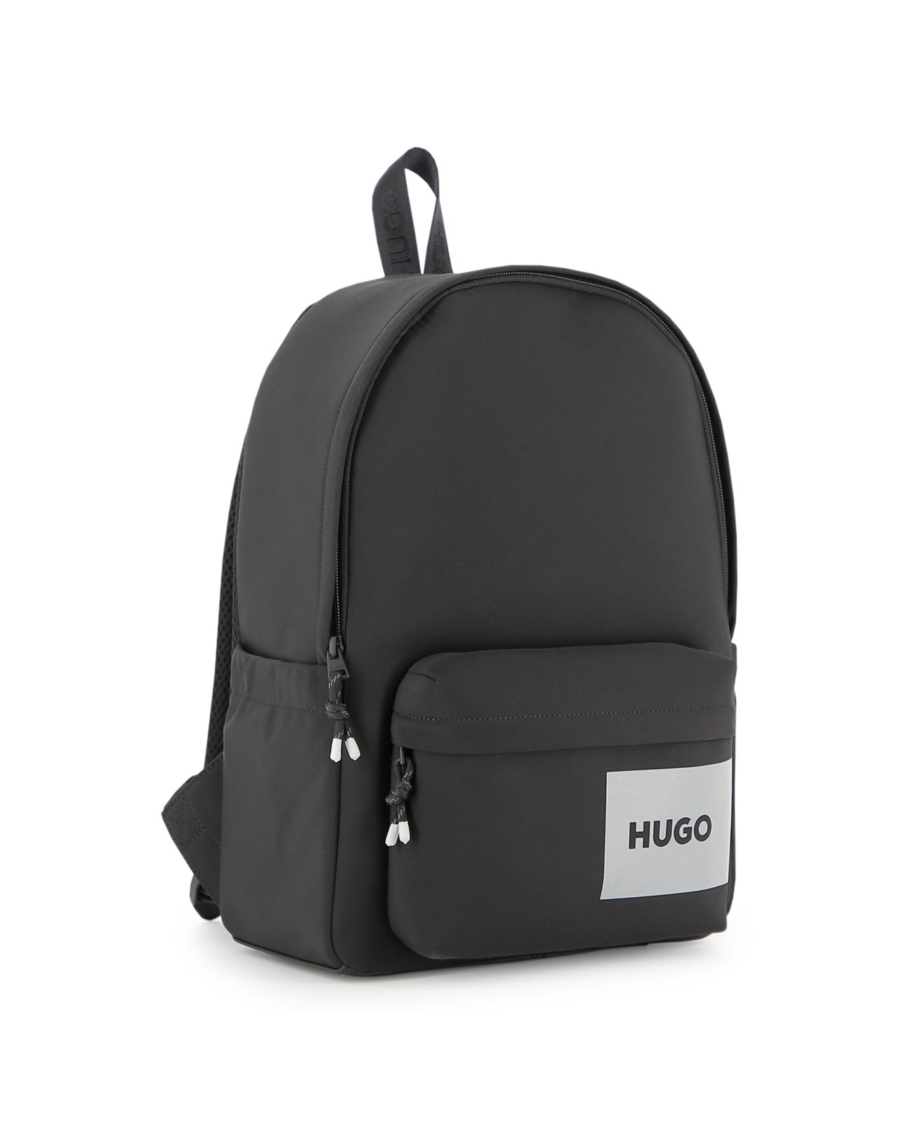 HUGO backpack en color negro, bolsas laterales y una frontal, luego al frente reflejante