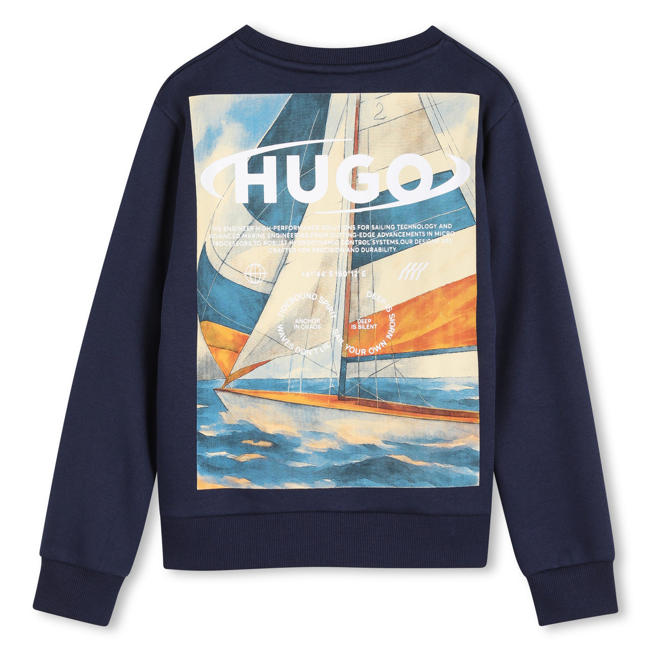 HUGO sudadera para niño y teen azul estampado, velero en la espalda