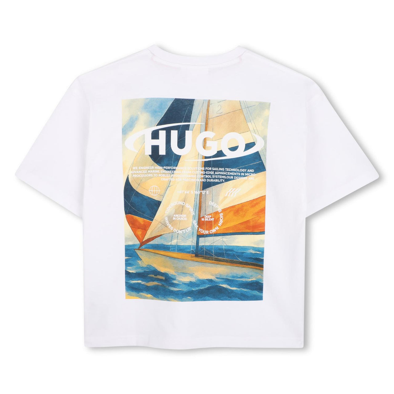 HUGO playera para niño y teen blanca pequeño logo al frente big ocean print en espalda