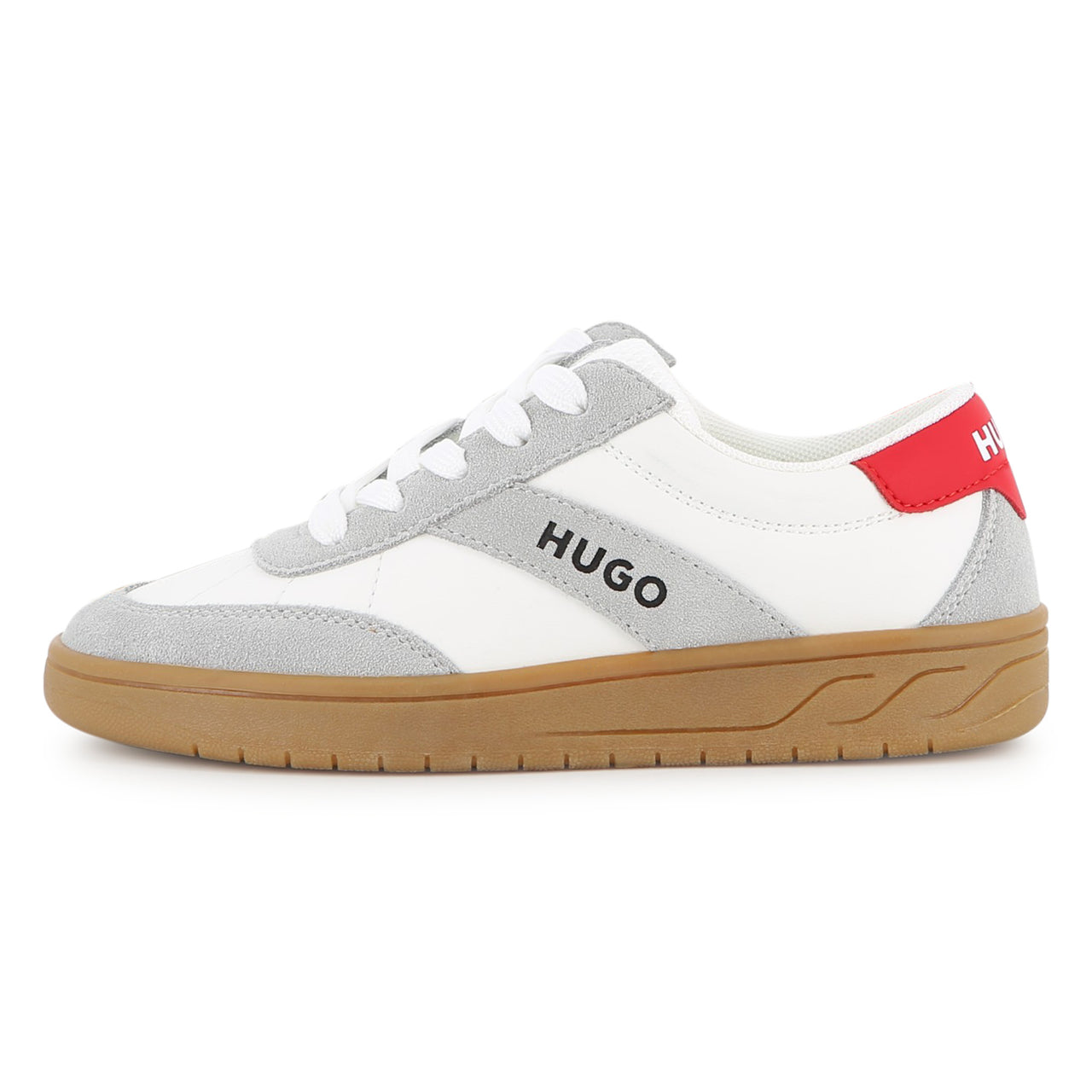 HUGO Tenis para niño y teen con agujetas, color blanco, detalles rojos y grises