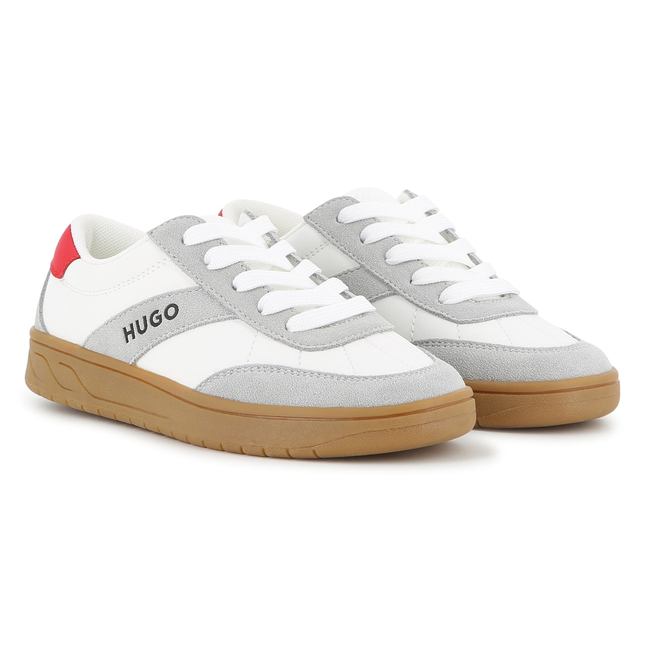 HUGO Tenis para niño y teen con agujetas, color blanco, detalles rojos y grises
