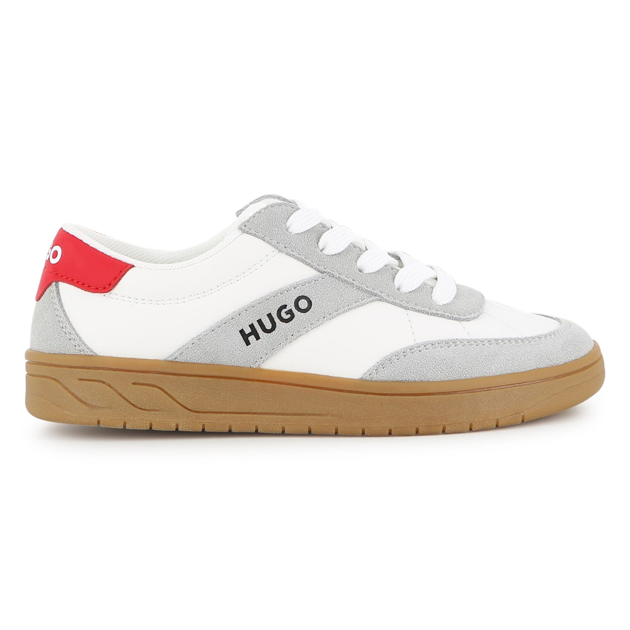 HUGO Tenis para niño y teen con agujetas, color blanco, detalles rojos y grises