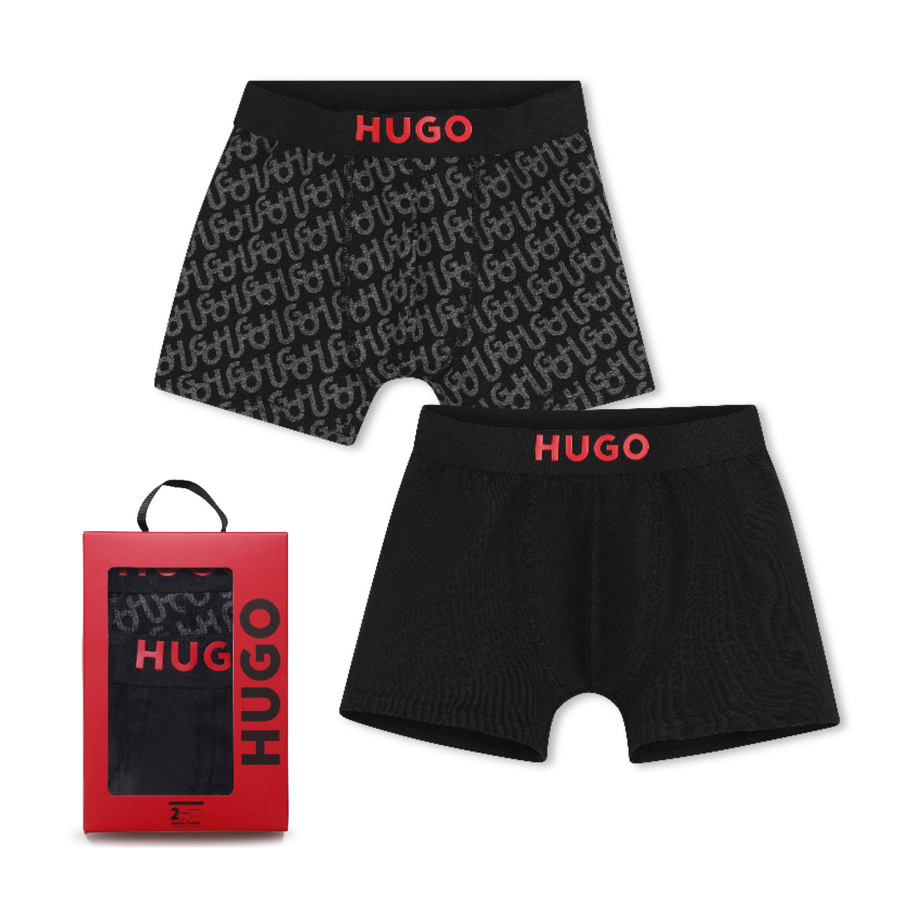 HUGO Set de 2 boxers negro para niño y teen liso otro allover print