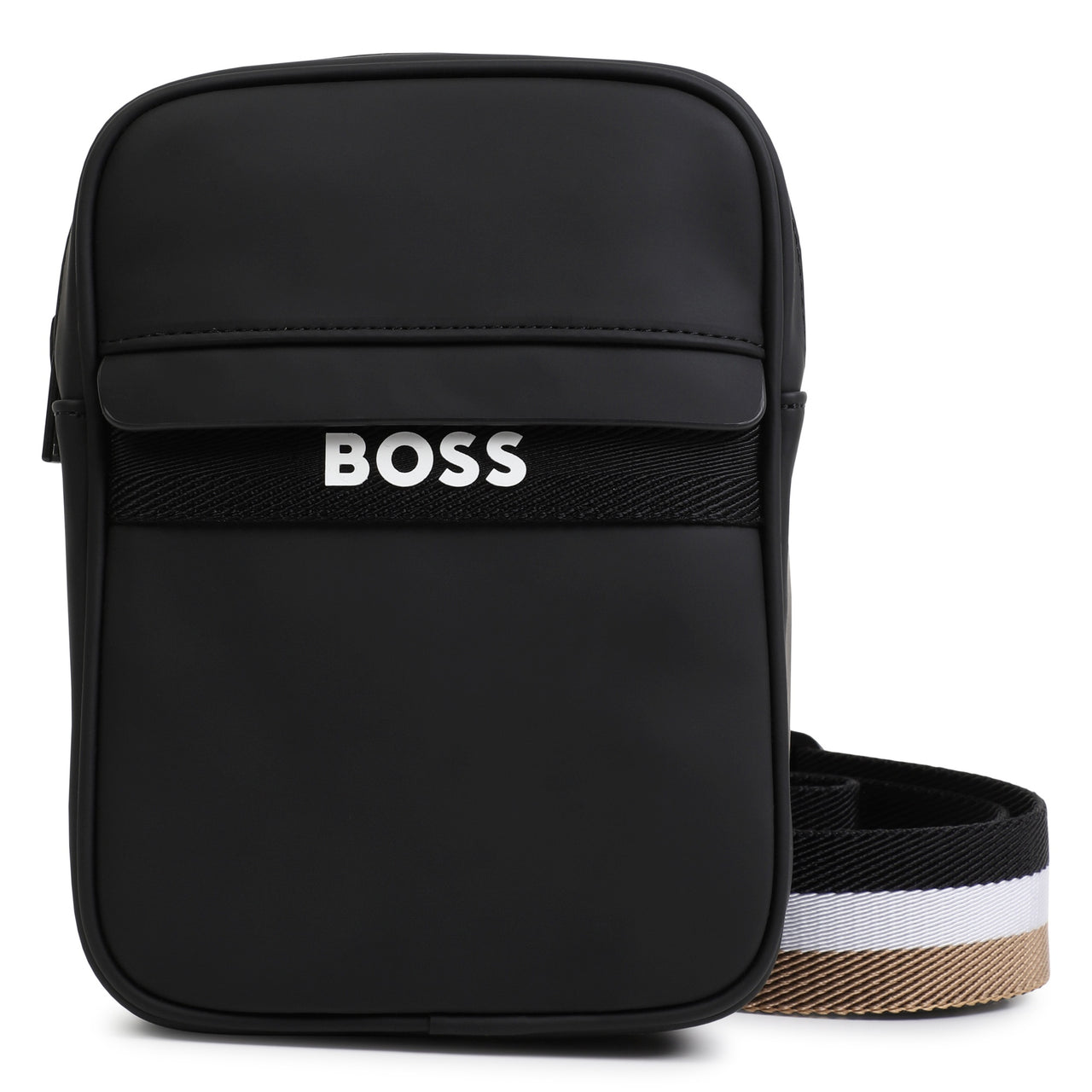 BOSS crossbody, bolsa o pasaportera para niño y adolescente color negro pequeño logo Boss blanco