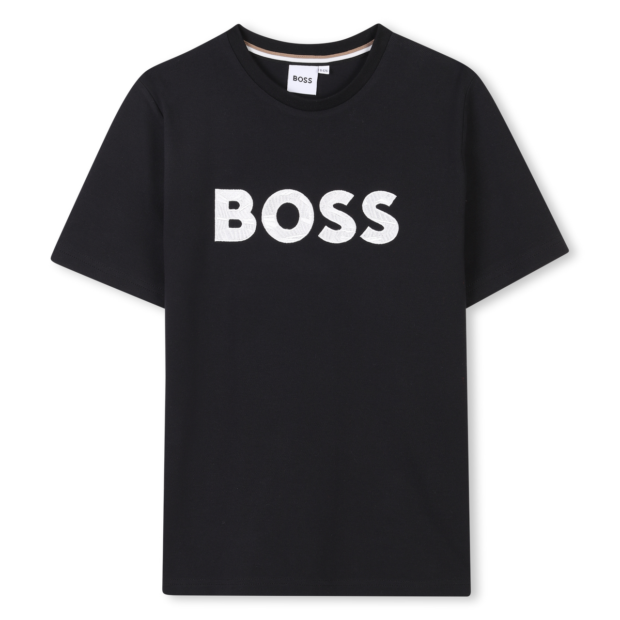 BOSS Playera para niño y adolescente, negra logo tipo parche