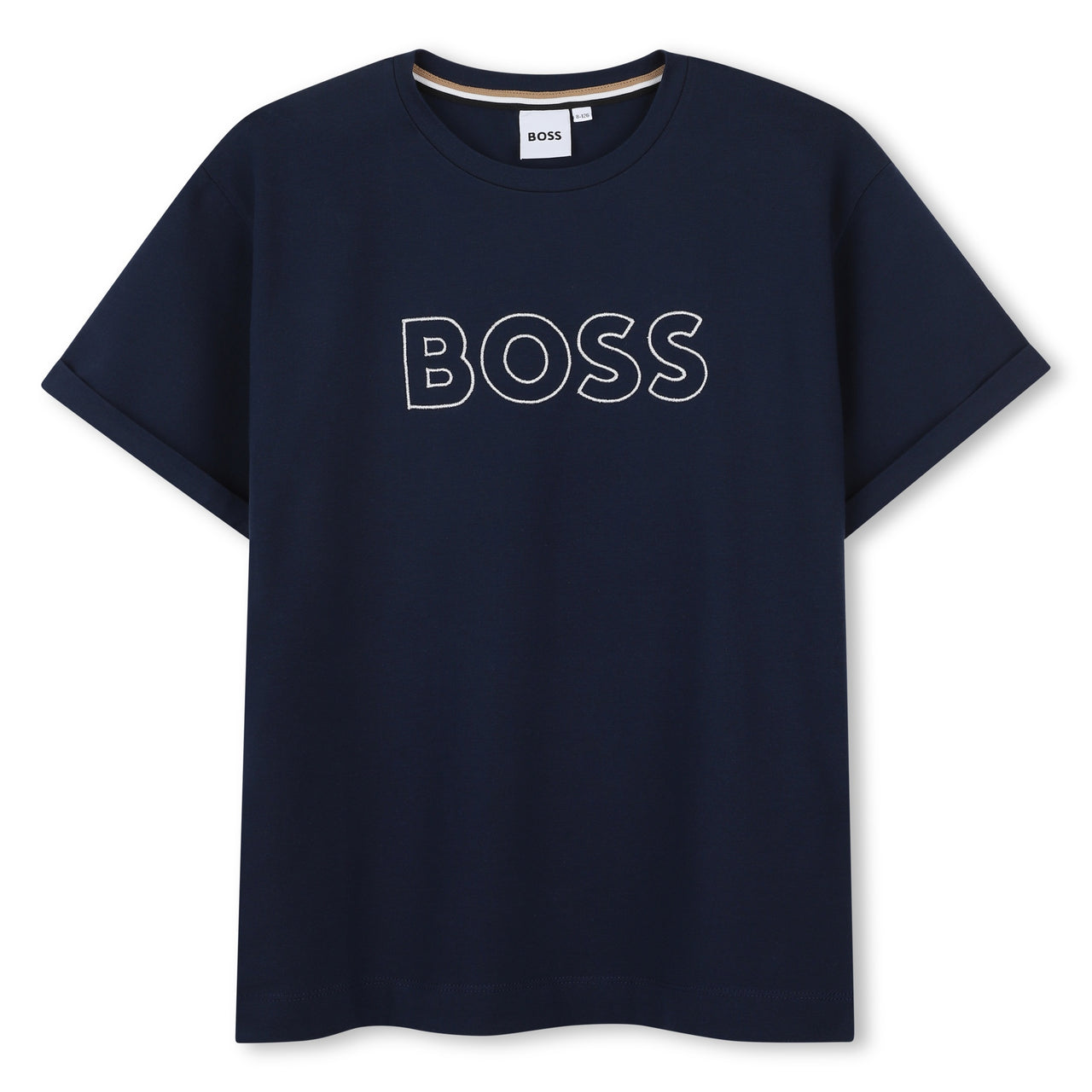 BOSS Playera para niño y adolescente, azul marino logo plata