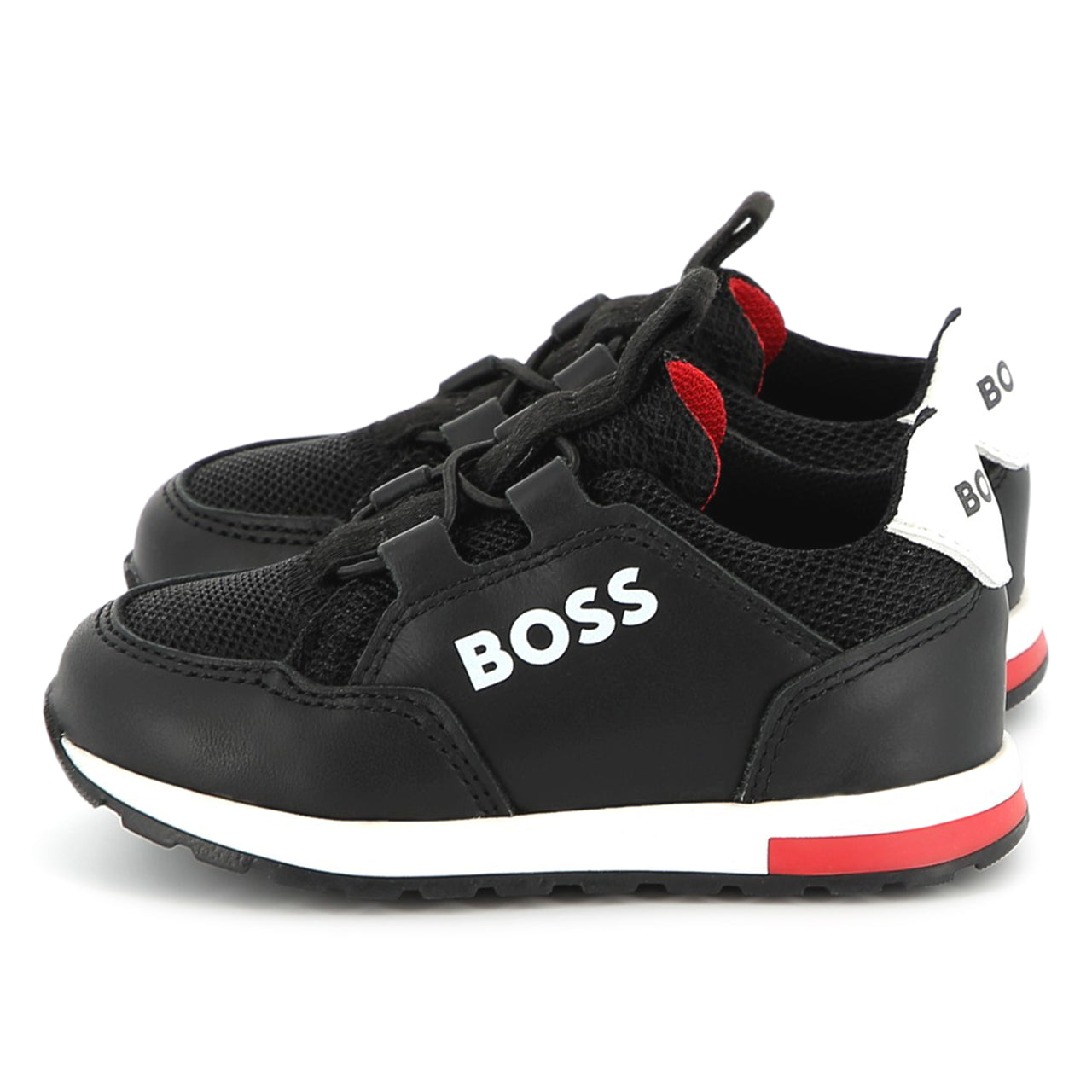 BOSS Tenis para niño chico sin agujetas color negro, detallen en rojo y logo BOSS al costado