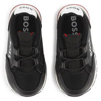 Thumbnail for BOSS Tenis para niño chico sin agujetas color negro, detallen en rojo y logo BOSS al costado