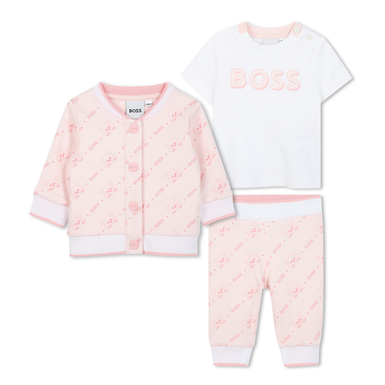 BOSS Set de pants y playera blanca para bebe niña rosa