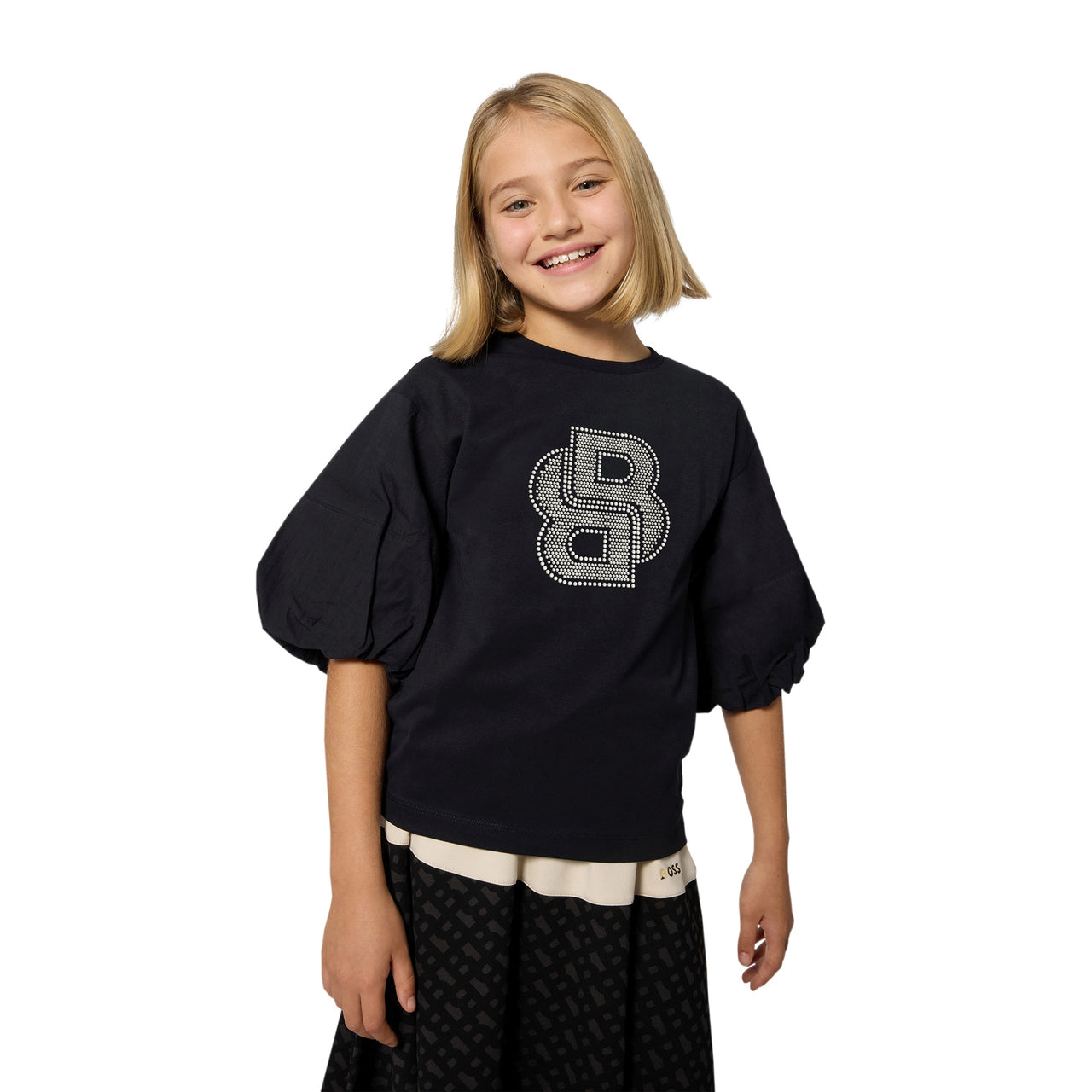 BOSS Blusa para niña y teen color negro logo al frente con piedras