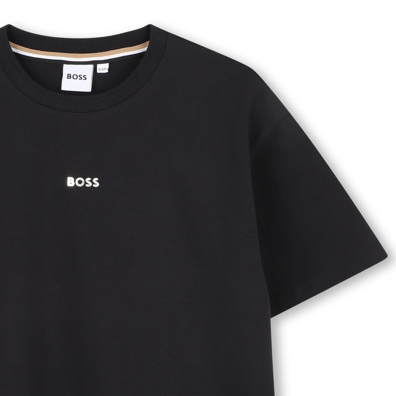 BOSS Playera para niña y teen color negro pequeño logo al frente con aplicación