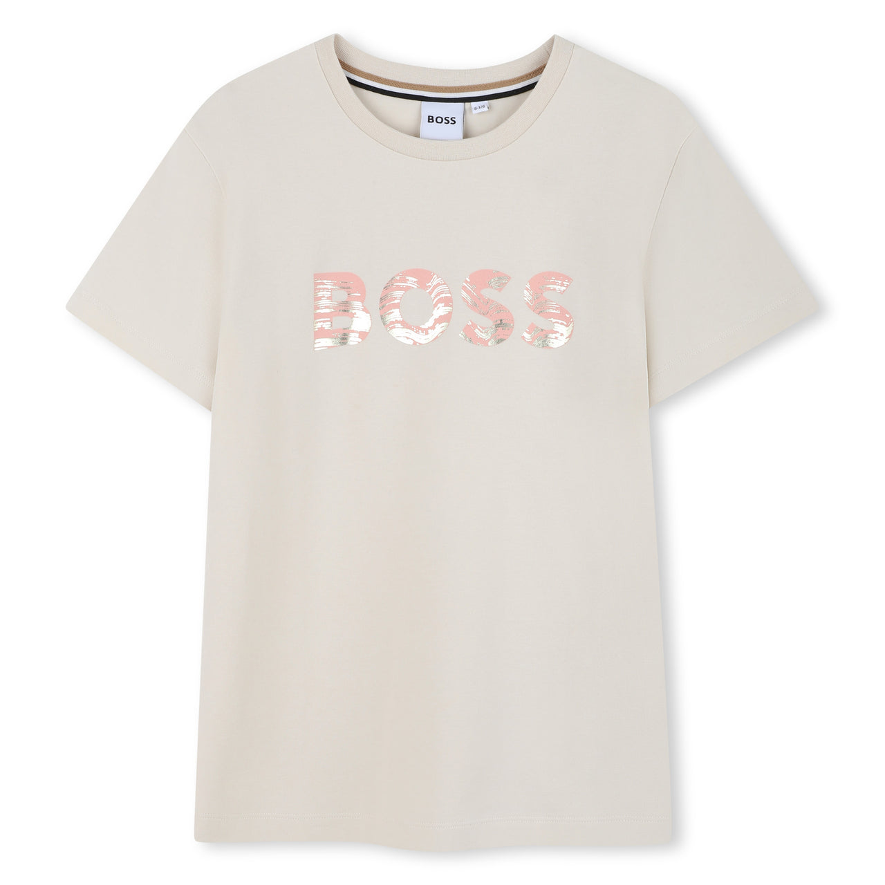 BOSS Playera para niña y teen color hueso logo al frente rosa con aplicación
