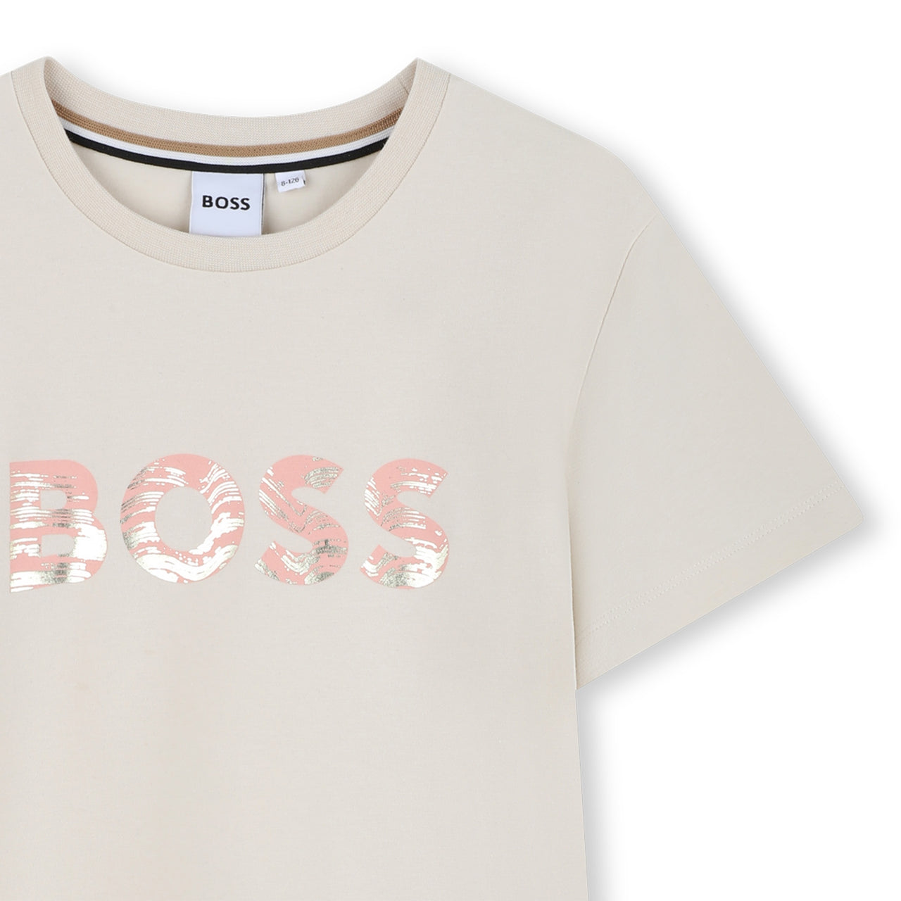 BOSS Playera para niña y teen color hueso logo al frente rosa con aplicación