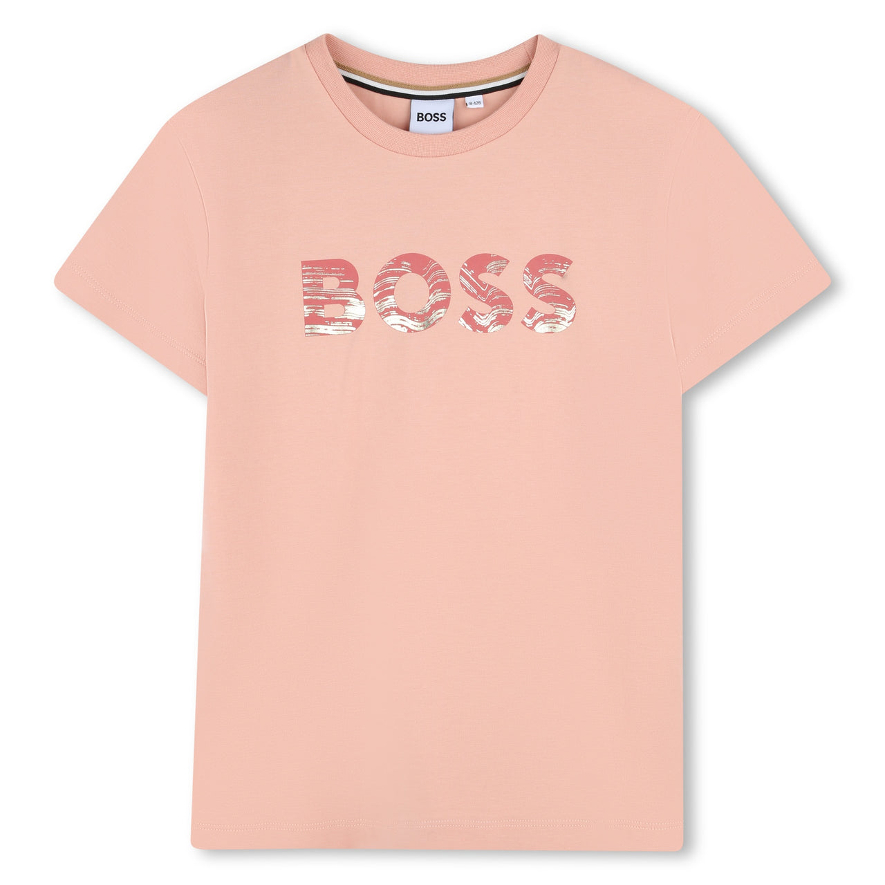 BOSS Playera para niña y teen color rosa logo al frente rosa con aplicación