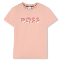 Thumbnail for BOSS Playera para niña y teen color rosa logo al frente rosa con aplicación