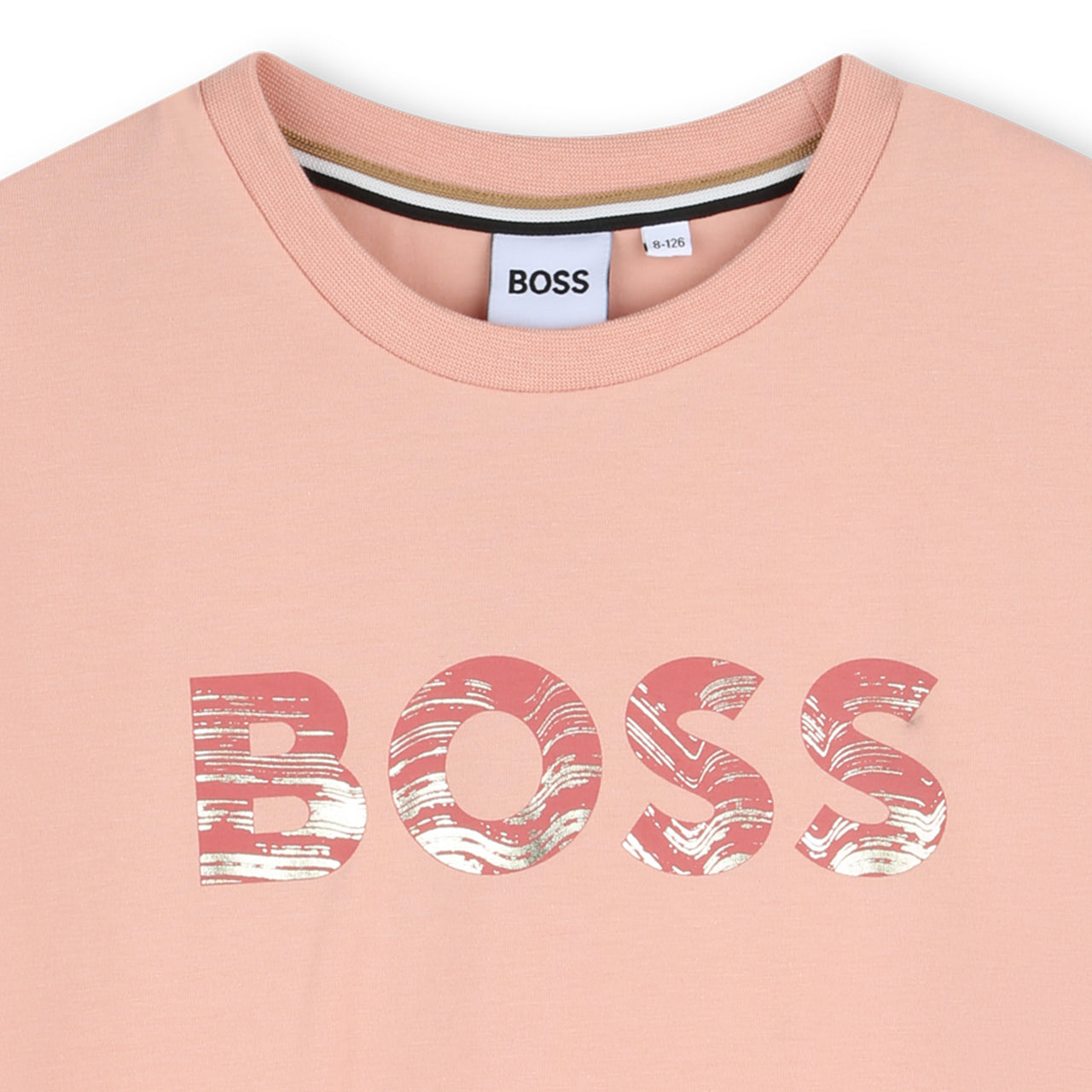 BOSS Playera para niña y teen color rosa logo al frente rosa con aplicación