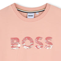 Thumbnail for BOSS Playera para niña y teen color rosa logo al frente rosa con aplicación