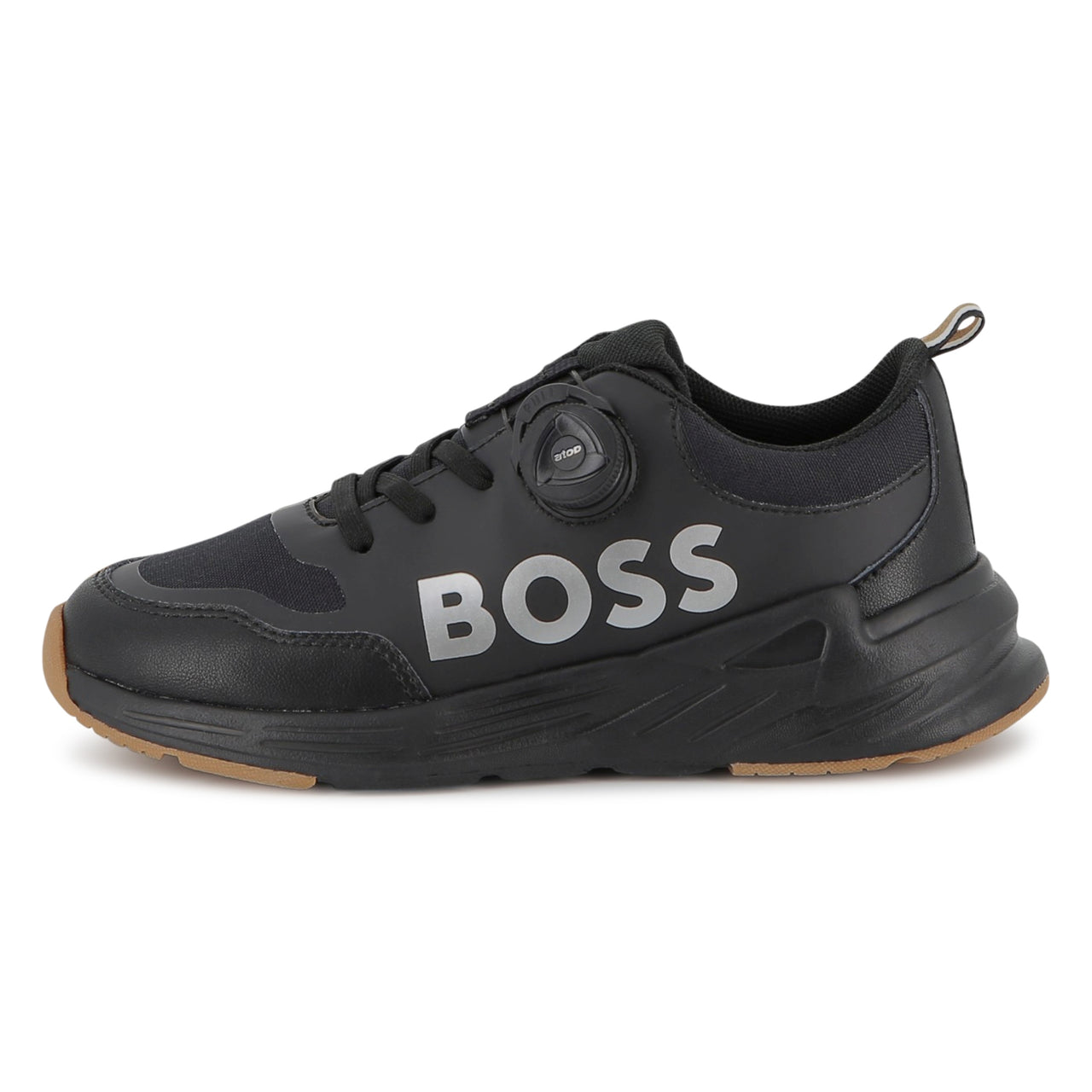 BOSS Tenis para niño y teen color negro logo al costado plata con agujetas