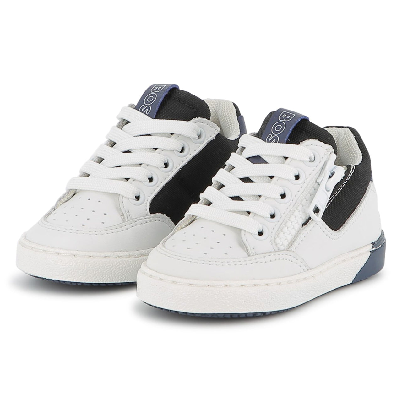 BOSS Tenis para niño pequeño blanco con azul agujeras aparentes y cierre al costado