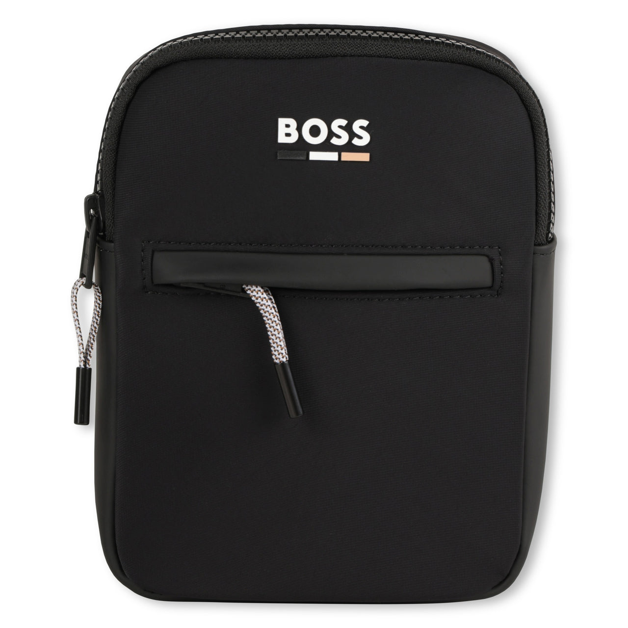 BOSS crossbody, bolsa o pasaportera para niño y teen color negro logo tribanda