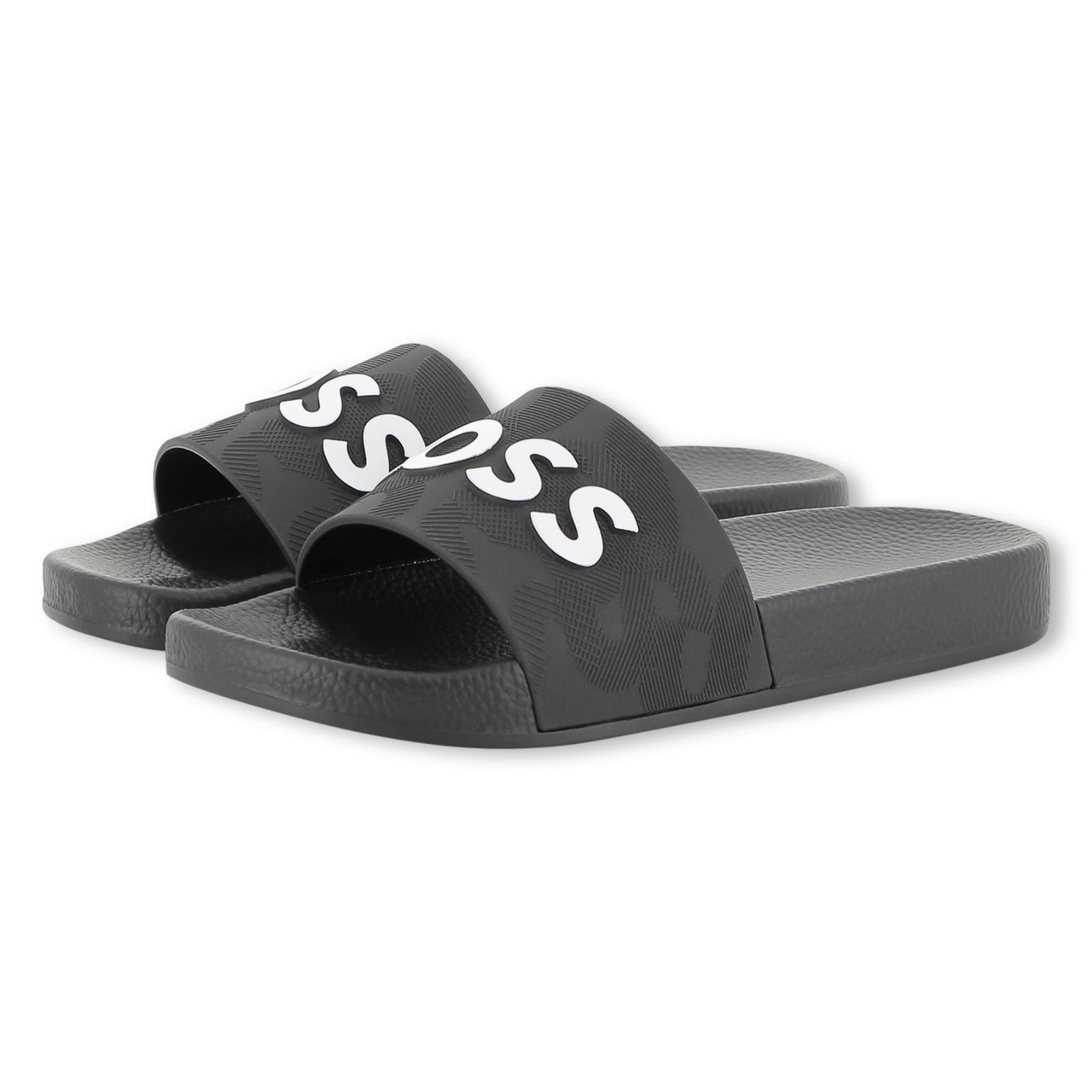 BOSS sandalia para niño y teen, negra, logo realzado blanco