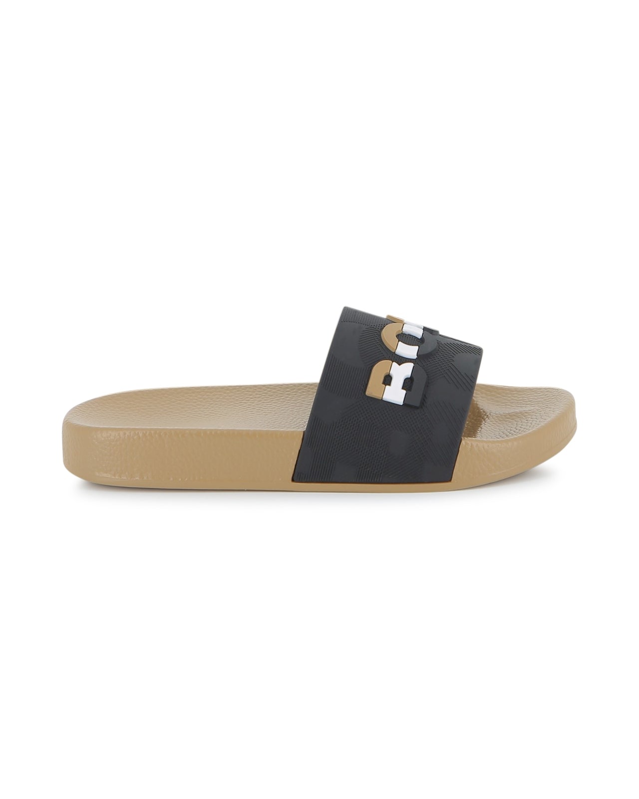 BOSS sandalia para niño y teen, negra, logo tribanda suela beige