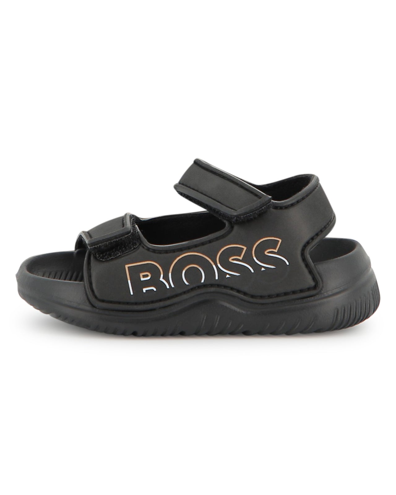 BOSS sandalia para bebe y niño, negra logo color oro