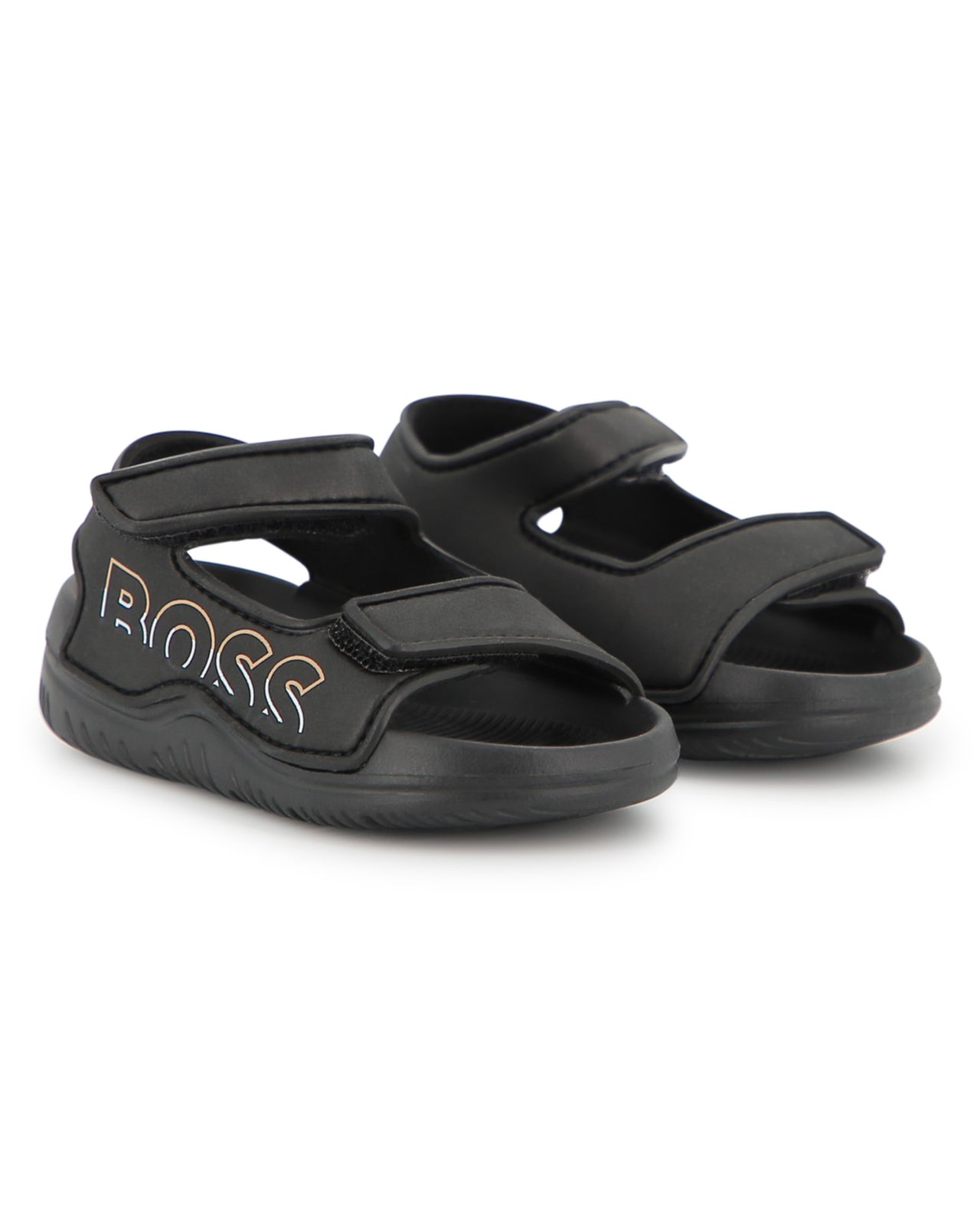 BOSS sandalia para bebe y niño, negra logo color oro
