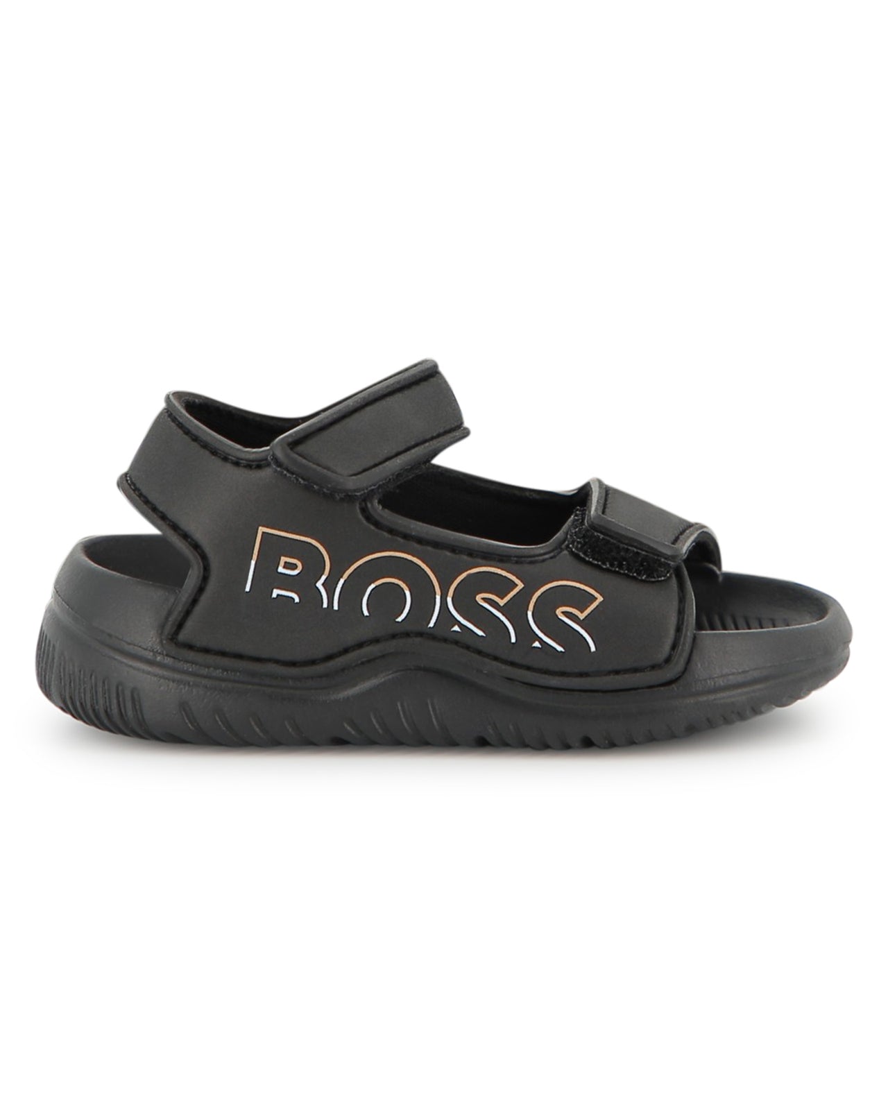 BOSS sandalia para bebe y niño, negra logo color oro
