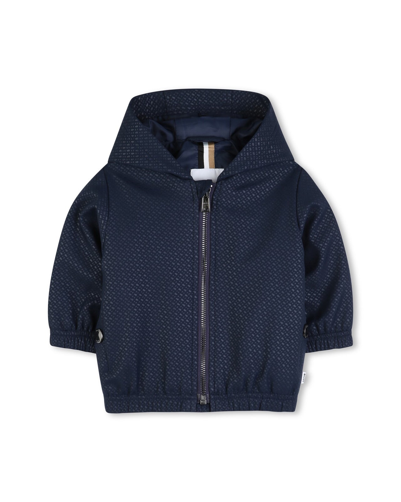 BOSS chamarra para bebe, tipo impermeable, all over logo con capucha y cierre