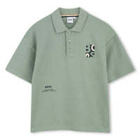 Thumbnail for BOSS Playera polo para niño y teen, verde olivo detalles en manga y cuello logo collage