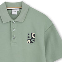Thumbnail for BOSS Playera polo para niño y teen, verde olivo detalles en manga y cuello logo collage