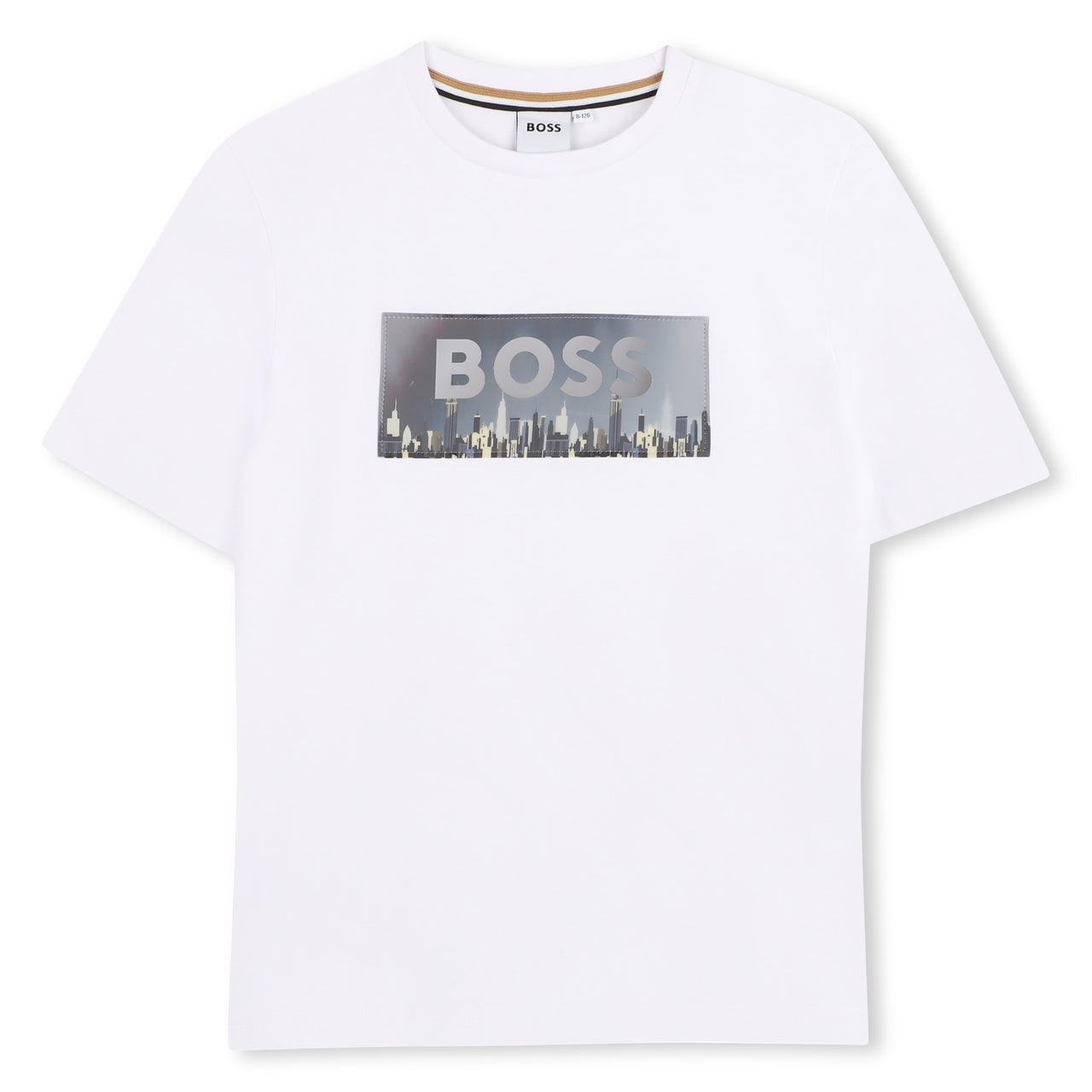 BOSS Playera para niño y teen, Color blanco, logo con edificios
