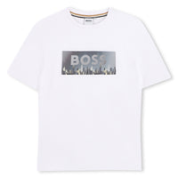 Thumbnail for BOSS Playera para niño y teen, Color blanco, logo con edificios